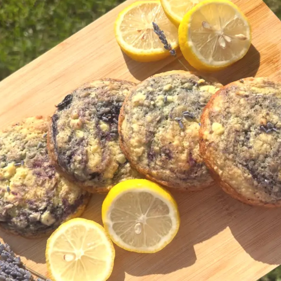 Blueberry lemon lavender cookies on a board