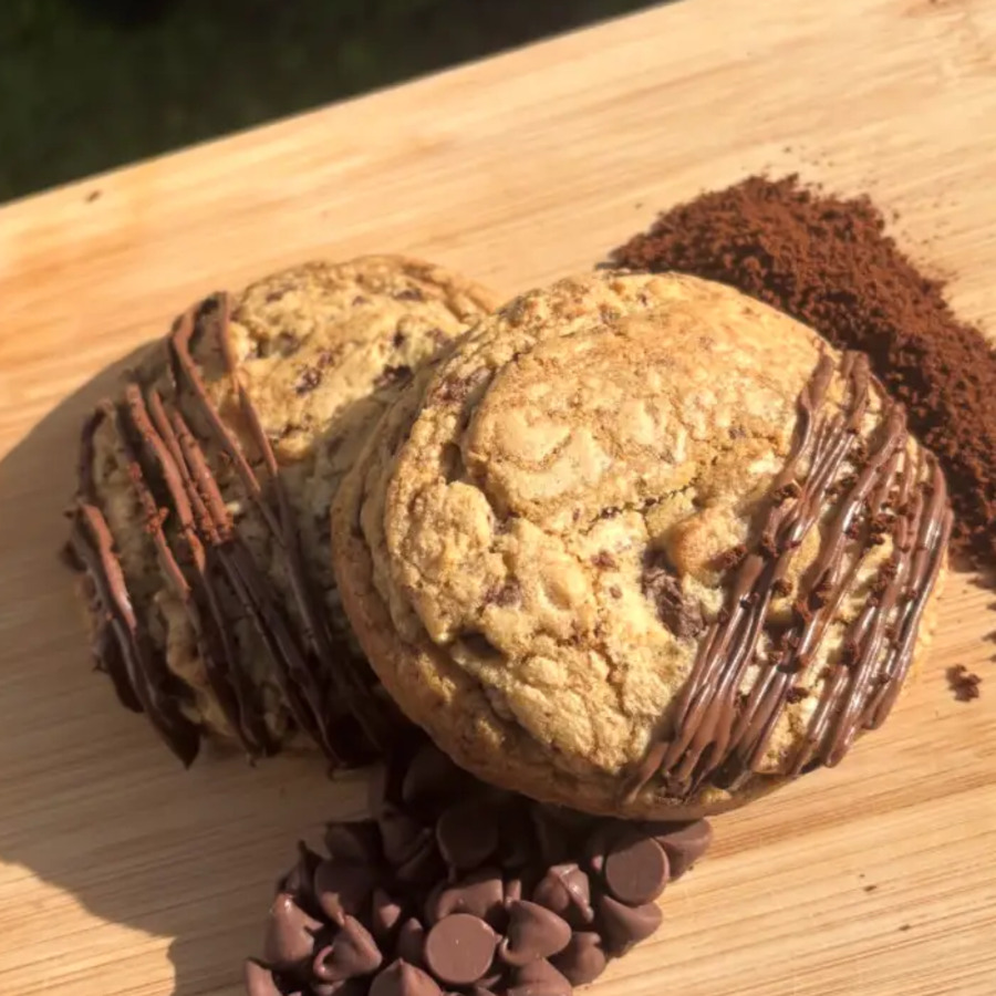 Espresso chocolate chunk cookies with a chocolate drizzle